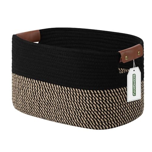 ECDYQXVU Cotton Rope Basket Storage Baskets with Handle 15x10x9 Inch Woven Basket for Shelves Laundry Towels Clothes Books Black Brown 1 Pack