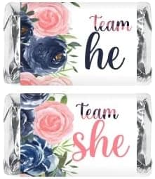 60 Navy and Blush Team She Team He Mini Candy Bar Wrapper Miniatures Candy Bar Stickers Gender Reveal Pink and Blue Decorations Party Favors Made in USA