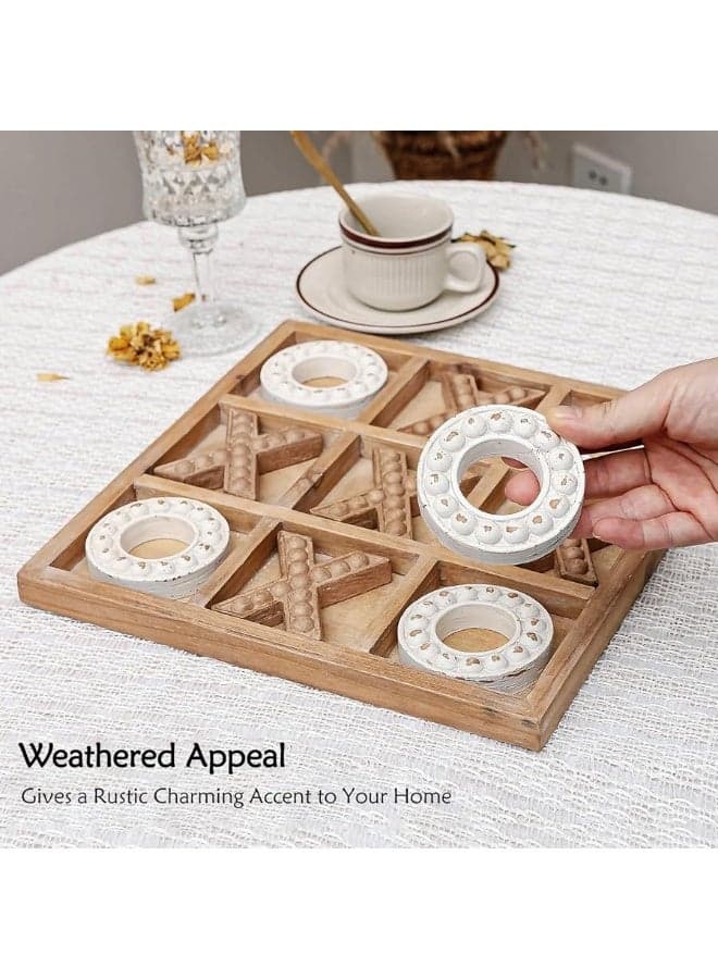 NIKKY HOME Tic Tac Toe Game Coffee Table Decor, 10.6 Inch Rustic Wooden Board, Wood & White