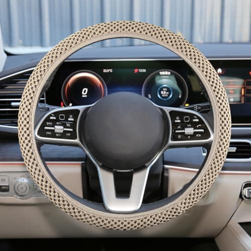 UHANBUT Elastic Stretch Steering Wheel Cover, Anti-Slip 15 inch Microfiber Odorless Breathable Ice Silk Car Steering Wheel Protector, Easy Carry, Warm in Winter & Cool in Summer (Beige)