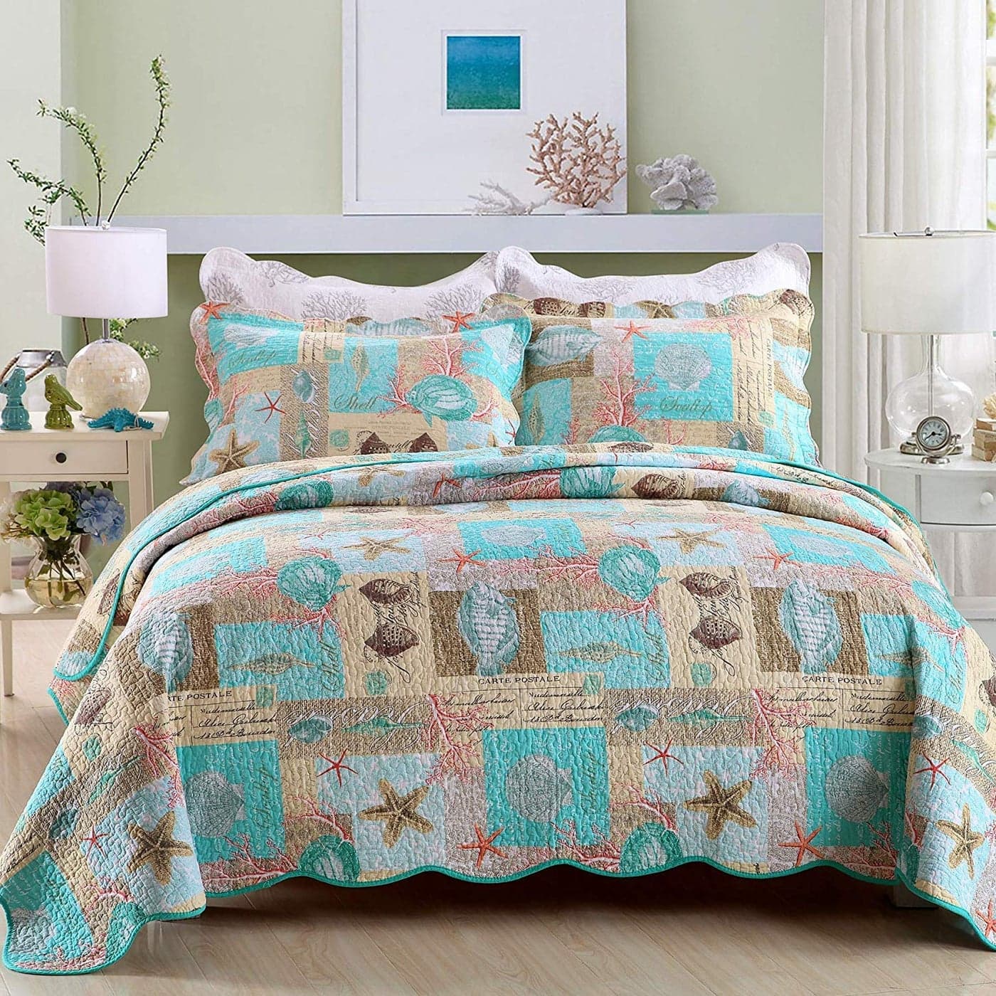 YAYIDAY Quilt King Size Bedspread Set 100 Cotton Reversible Breathable Star Fish Coral Shell Style Quilted Quilt with Pillow Shams for All Seasons