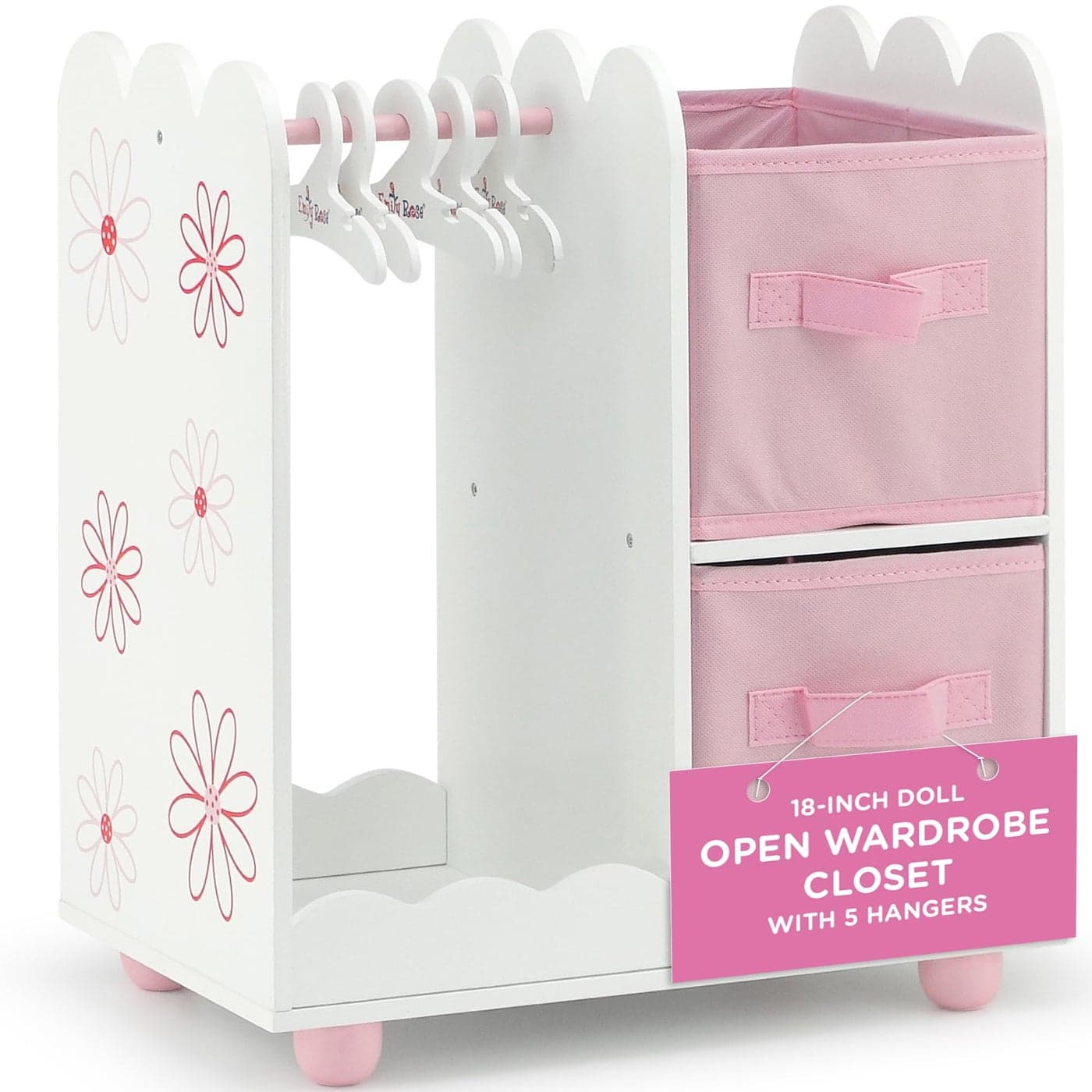 Emily Rose Doll Clothes 18 Inch Doll Wooden Storage Closet Bedroom Furniture Accessory Playset with 5 Clothing Hangers 2 Large Storage Bins Floral USA Company