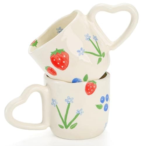 Cididu 2 Pack Cute Ceramic Coffee Mug, 10 Oz Hot Chocolate Mugs with Heart Shaped Handle for Mother's Day, Strawberry Floral Latte Cup for Women Girls, Handmade Aesthetic Tea Milk Cup for Cocoa, Gift