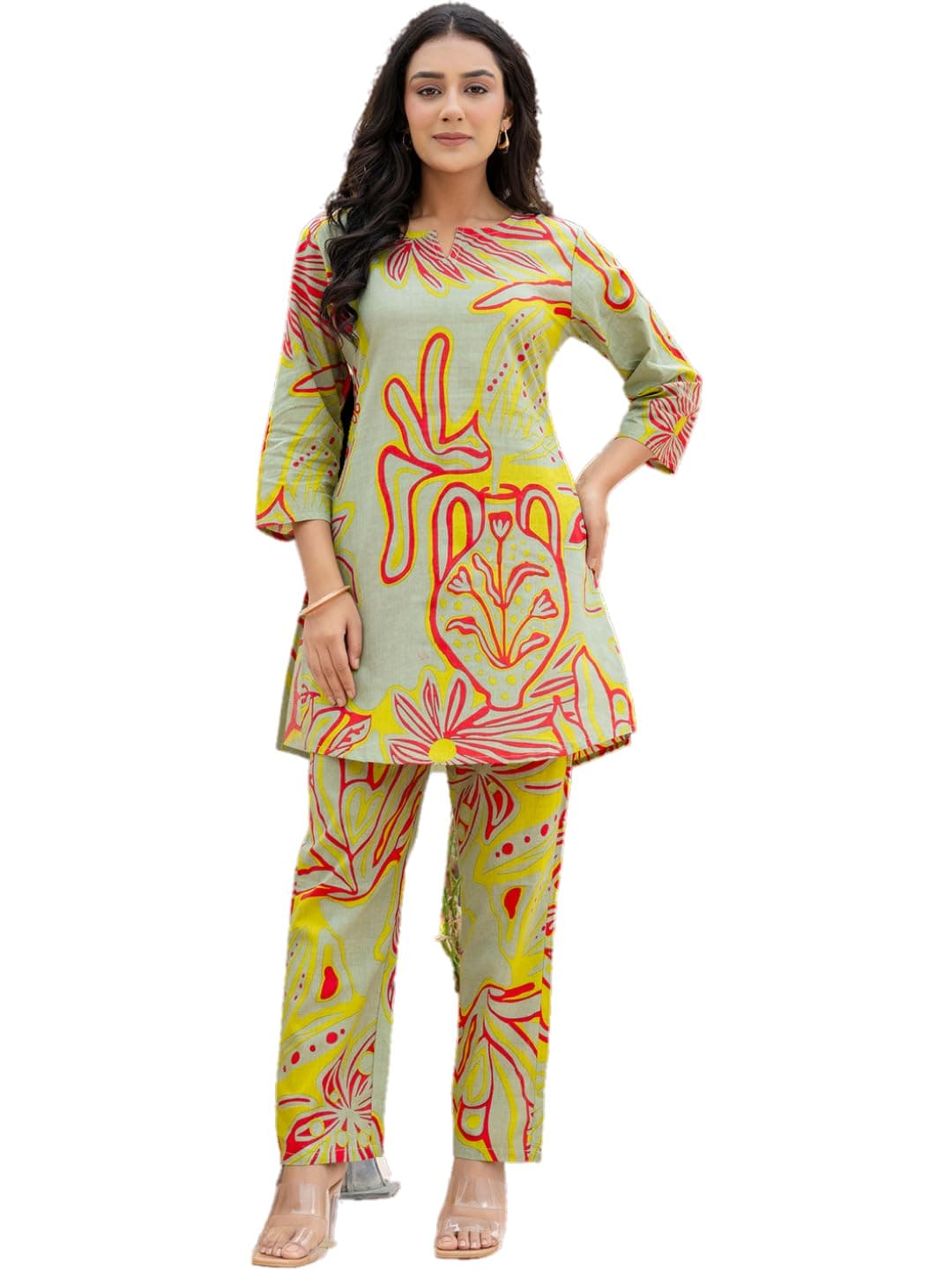 feranoid Elegant V-Neck 3/4 Sleeve Kurta & Pant Co-ord Set (S-XXL) Green