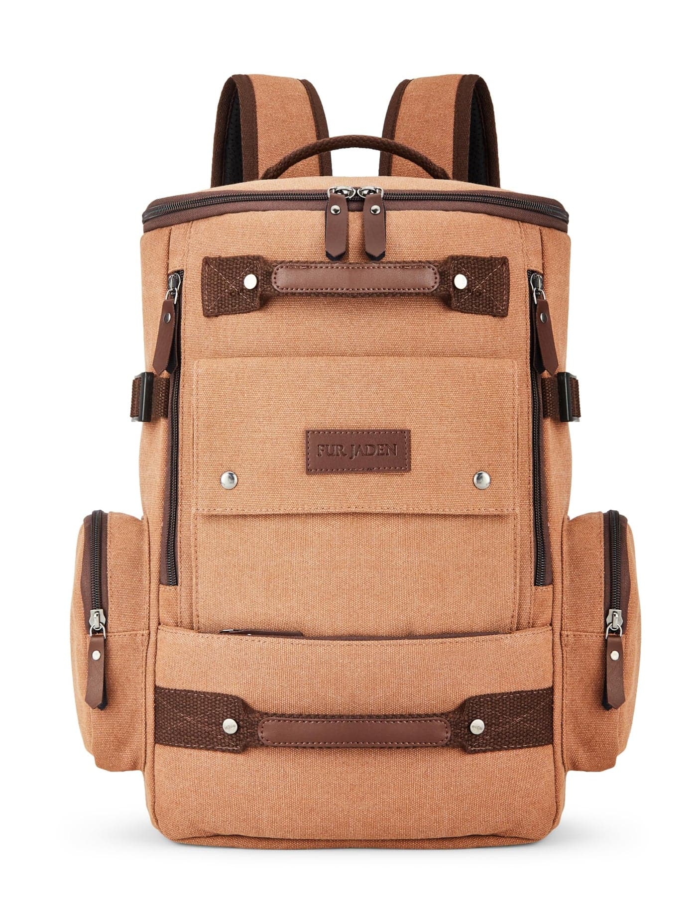 FUR JADEN Eco Friendly Travel 15.6 Inch Laptop Backpack Made of Water Resistant Sustainable Canvas and Vegan Leather for Men and Women for Travel Hiking Work (Brown)