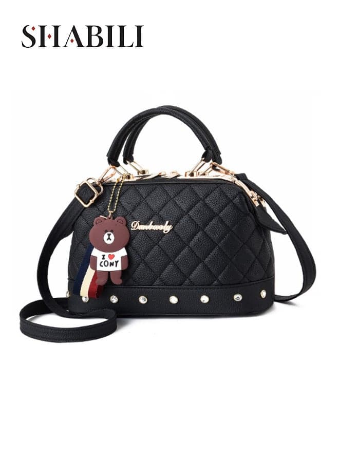 Women PU Shoulder Crossbody Satchel Tote Handbag With Capacity Multi-Pocket Quilted Dome, Ladies Rivet Bottom Cross Bags Bear Charm Holds Phone Wallet Makeup For Daily Casual Travel Party (Black)