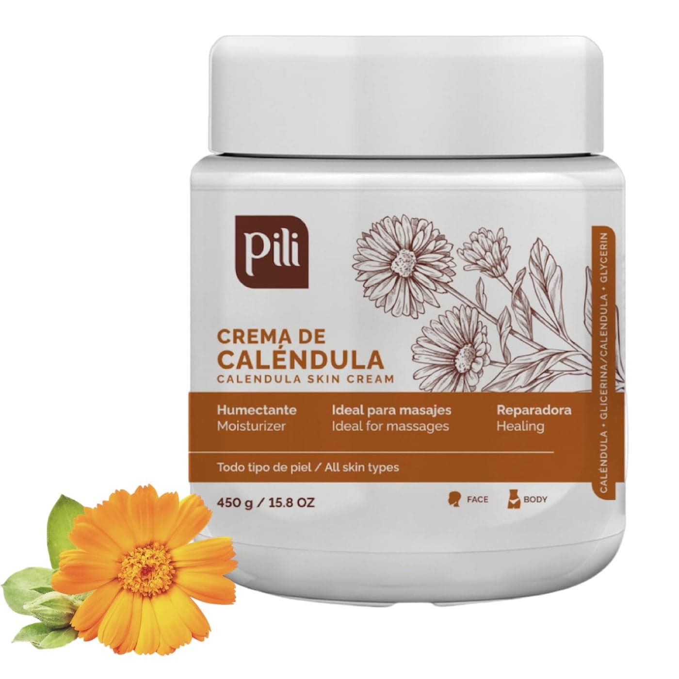 Pili Natural Calendula Cream Hydrating Moisturizer for Dry Rough or Chapped Skin Soothing Face Hand Body Cream Crema de Calndula with Beeswax Glycerin 158 oz