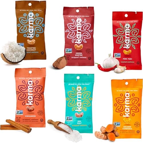 Karma Nuts Flavored Cashews Variety Pack 15 oz Pack of 6 Whole Roasted Cashews Healthy Snacks for Adults Gluten Free Vegan Snacks Vegan Non GMO Flavored Nuts Low Carb