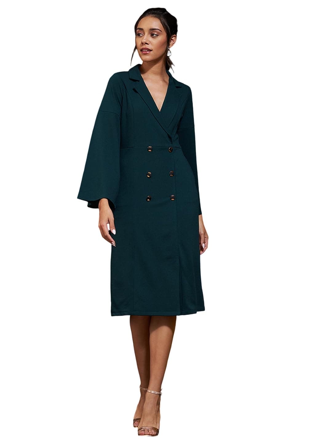 Athena Lifestyle Women and Girls Polyester A-line Collar Solid Print Midi Length Full Sleeve Bottle Green Formal Dress
