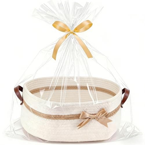 Large Gift Baskets Empty with Handles, 14"x 10"x 5.5" Cotton Rope Storage Basket Storage for Gifts Clothes Baby Diaper Pet Toys (White)