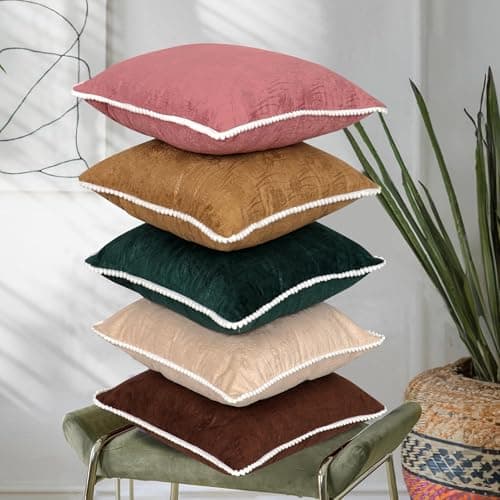 RD TREND® Premium Velvet Cushion Covers Set of 5 | All-Side Pom Pom Tassel Fringe with Floral Textured Design Cushion Covers 16x16 |Throw Pillowcases for Home Décor (Mix-1)
