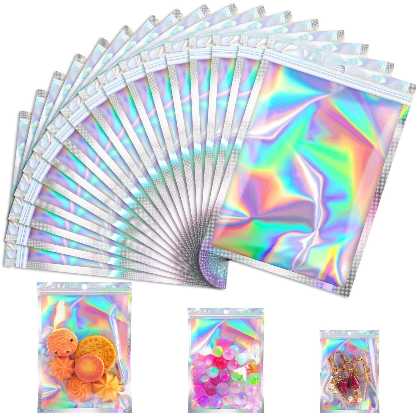 JETMORE 100 Pcs Mylar Bags Holographic Bags Resealable Bag for Small Business Packaging Sample Bag for Pen Gift Jewelry Snack Bracelets Mothers Day Gifts 55x79in