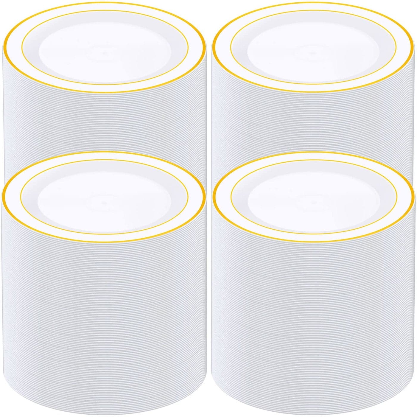 Gandeer 150 Piece Plastic Plates Set Disposable Salad Dessert Cake Plates with Decorative Rim Bulk for 150 Guests Dinner Wedding Party Picnic 75 InchWhite Gold