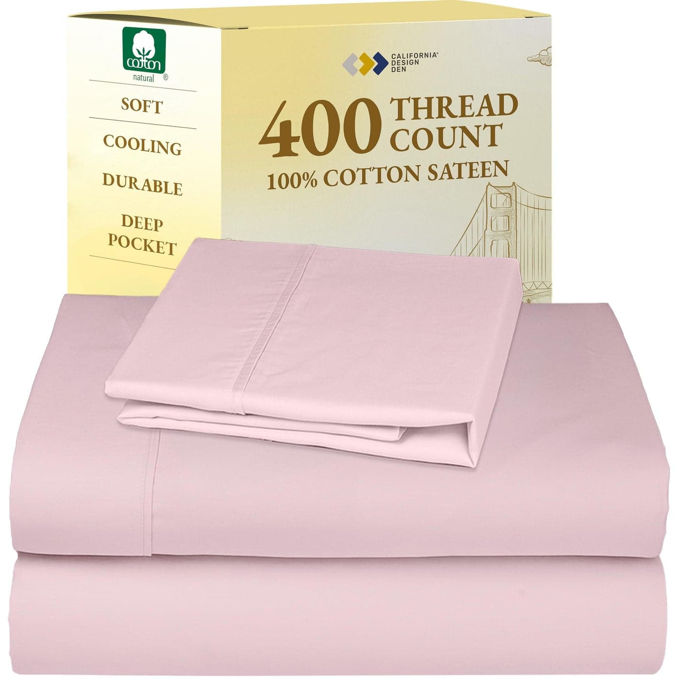 California Design Den Soft Twin Sheets Set 400 Thread Count Sateen 100 Cotton Sheets Deep Pockets Cooling and Durable Bedding Set for Dorm Rooms Adults Pink