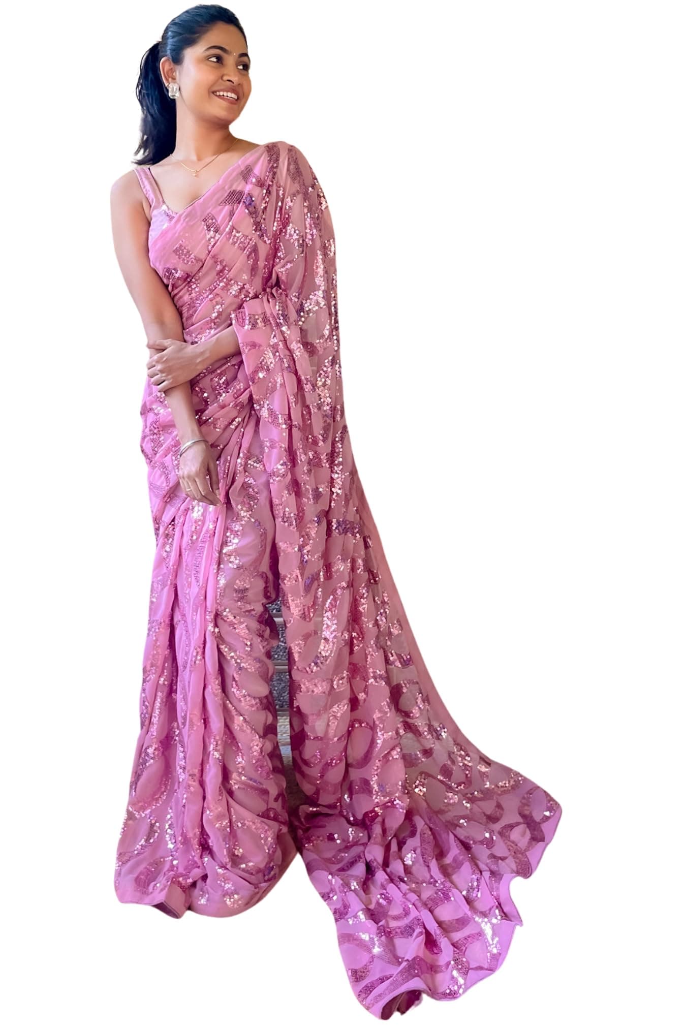 SGF11 Women's Georgette Sequins Fancy Saree With Blouse Piece (Light Pink)