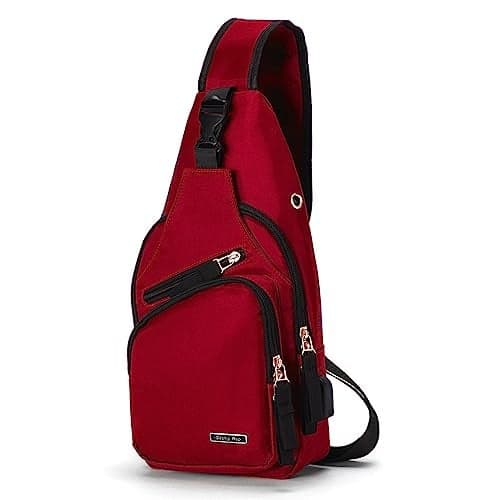 Seoky Rop Men Women Sling Backpack Nylon Water Resistant Shoulder Chest Crossbody Sling Bag with USB Charging Port Red