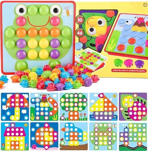 Yihurlm 58 Pcs Button Art Toys for ToddlersColor Matching Mosaic Pegboard Early Learning Educational ToysToddler Activities Crafts for ToddlersInclude 12 Pictures and 46 Buttons with Box