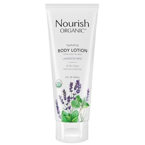 Nourish Organic Body Lotion Lavender Mint Hydrating Body Lotion for Dry Skin with Certified Organic Aloe Vera Shea Butter Coconut Oil Cocoa Butter 8 Oz Washable Cotton Round