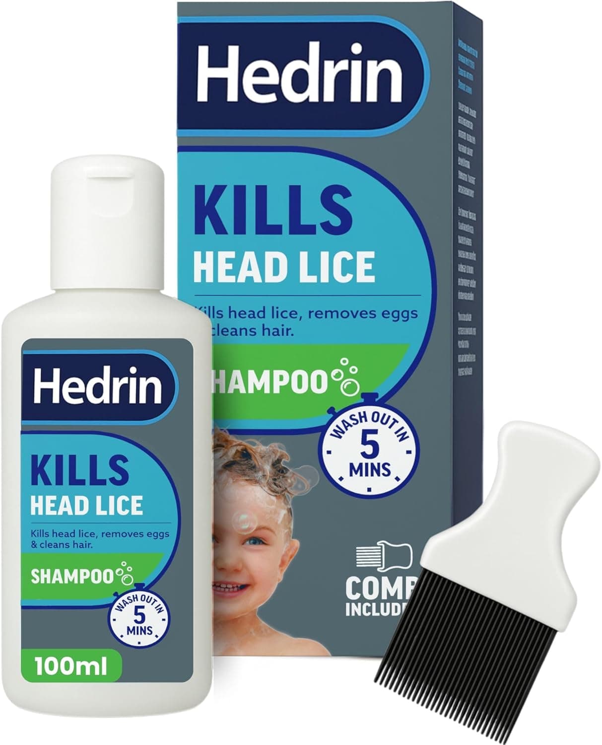 Hedrin Head Lice Shampoo and Comb Kit Kills Head Lice and Eggs in 5 Minutes 4 Treatments Clinically Tested Suitable for Adults and Children 100ml Formerly AllinOne Packaging May Vary