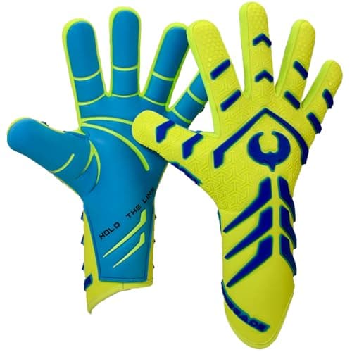 Renegade GK Apex Xtreme Professional Strapless Goalie Gloves 4mm EXT Contact Grip Neon Yellow Blue Soccer Goalkeeping Gloves Size 8 YouthAdult Evo Neg Cut Level 55