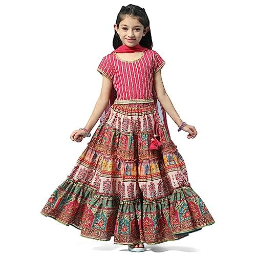 BIBA Girl's Solid Embroidred Polyester Blend Readymade Lehenga Choli Set (Kw5343_Berry Pink_3)