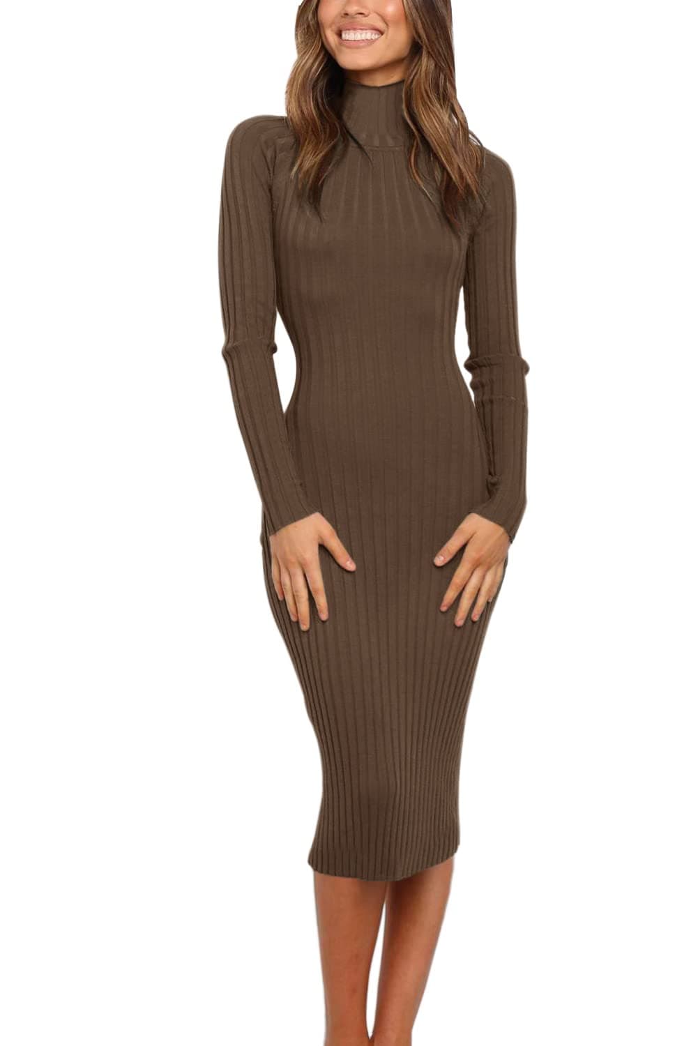 MEROKEETY Womens 2025 Ribbed Long Sleeve Sweater Dress High Neck Slim Fit Knitted Midi Dress Coffee