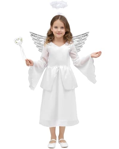 Toulite 4 Pcs Angel Costume for Girls Including White Dress Headband Wing and Wand Nativity Costume for Christmas911 Years Old
