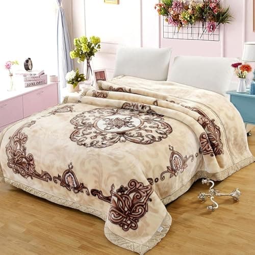 LGYKUMEG Korean Mink Blanket 59"×79", Silky Soft and Warm - 2 Ply Reversible Raschel Throw Blanket 4.4 Lb,Beige and Brown,(150x200cm-2kg