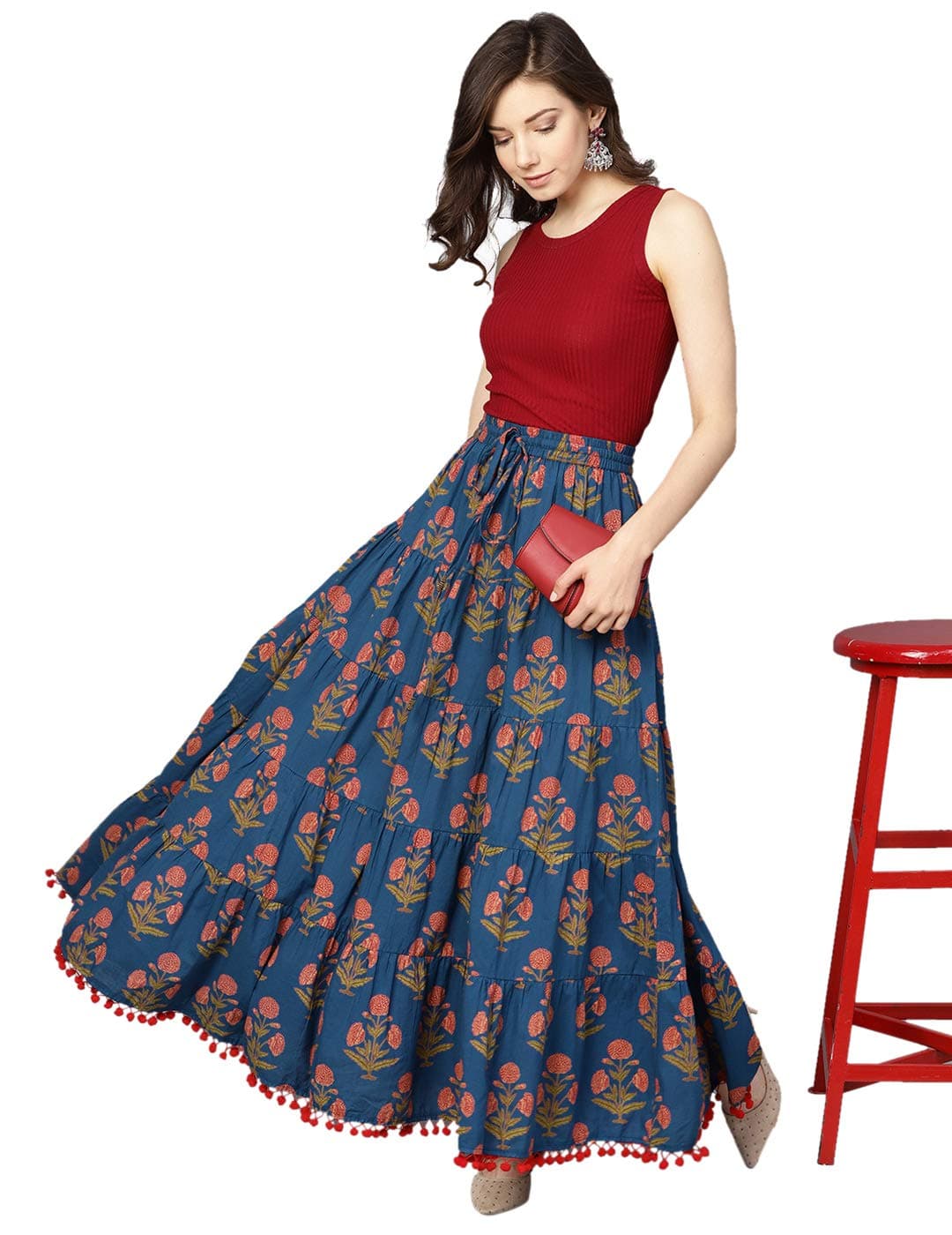 Varanga Blue Floral Printed Tiered Skirt with Drawstring and Tassels at Waist Band with pom-pom lace at Hemline