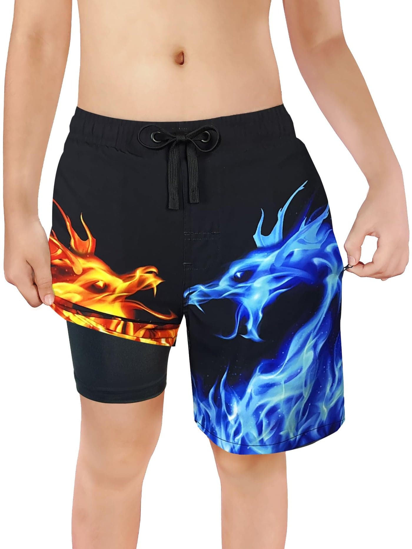 LUCOWEE Boys Bathing Trunks Zipper Pockets Boxer Lined Anti Chafe Quality Swimming Shorts Swimsuits Stretchy Light Weight Quick Dry UPF 50+ Water to Land Ice Fire Dragon Size 10-12