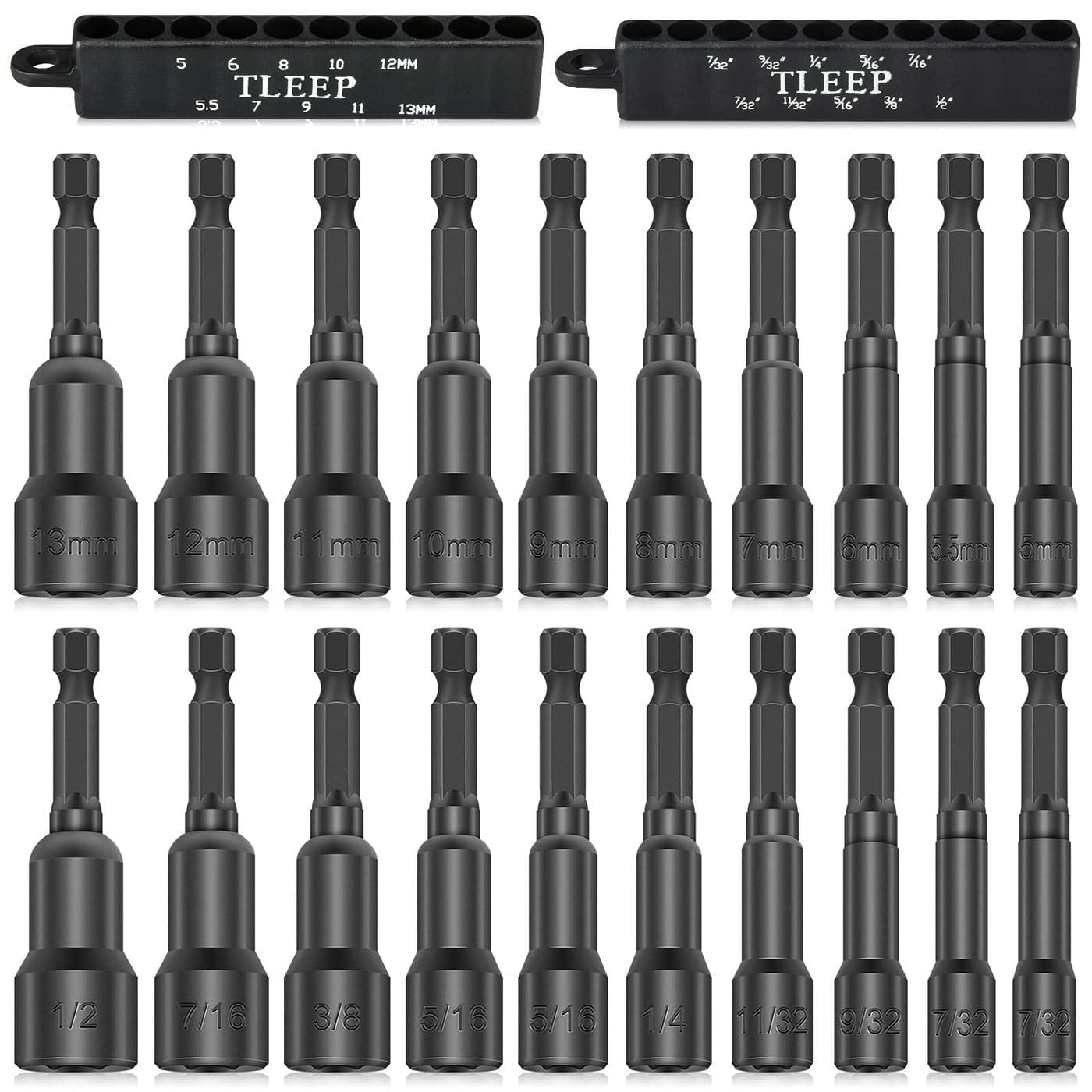 TLEEP 20 x 65MM Magnetic Power Nut Driver Set for Impact Drill 14 Hex Head Drill Bit Set SAE Metric Screwdriver Socket Set Chrome Vanadium Steel Quick Change Chuck Socket Wrench Nut Setters