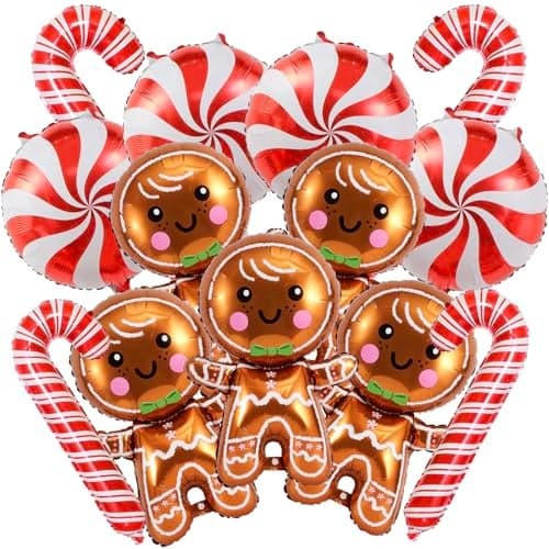 14 Pcs Christmas Balloons Decorations Gingerbread Man Balloons Red Candy Cane Foil Balloon for Winter Themed Christmas Birthday Party Decorations