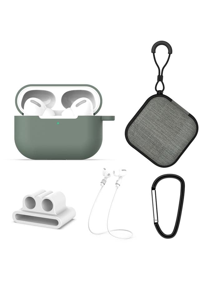 Case Cover For AirPods Pro 5 in 1 Silicone Earphone Protective Case + Earphone Bag + Earphones Buckle + Hook + Anti-lost Rope Set Green