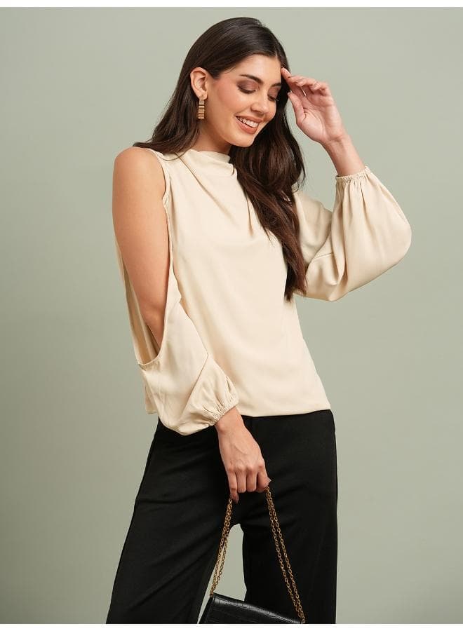 Globus Women Cowl Neck Cold Shoulder Bishop Sleeves Solid Pleat Detail Party Top