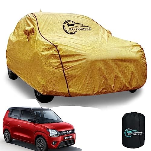 AUTOBIRSA Waterproof Car Body Cover for Maruti Wagon R with Mirror and Antenna Pocket and Soft Cotton Lining (4 Side Elastic Triple Stitched & Metallic Golden with Black Piping Style)