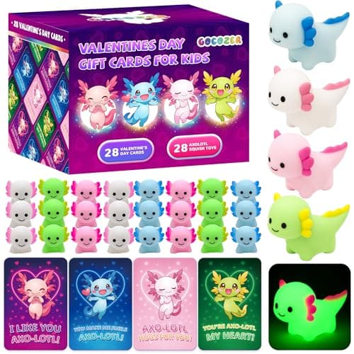 28Pack Glow in the Dark Axolotl Valentines Cards for Kids Classroom Axolotl Squishies Mochi Valentine Gifts for Kids Class Animal Mochi Squishy Toys for School Valentines Day Exchange Gifts
