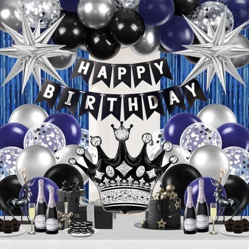 Metallic Silver Navy Blue Balloons Happy Birthday Banner Blue Fringe Curtains for Mens 21st 25th 30th 40th 50th 60th Birthdays