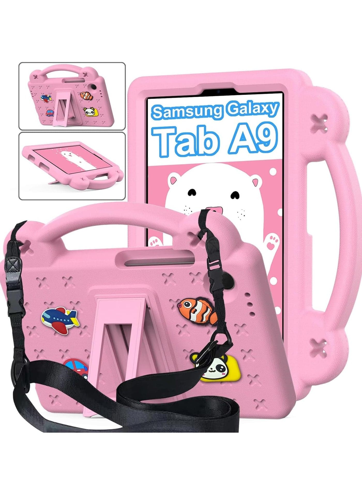 Compatible with Samsung Galaxy Tab A9 (2023), Shockproof Protective Case with Shoulder Strap Handle Holder, Lightweight EVA Kid-friendly, Drop Resistant (Pink)