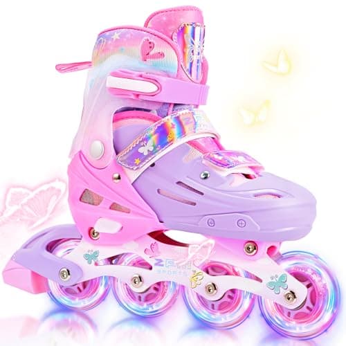 2PM SPORTS Kids Inline Skates Girls Ages 5-8 8-12 4-6 6-12 10-14 with Light Up Wheels, Adjustable Kids Blades Roller Skates for Girls Beginner Youth Outdoor Size 11C 1 2 3 4 5 6 7 8 Pink Butterfly