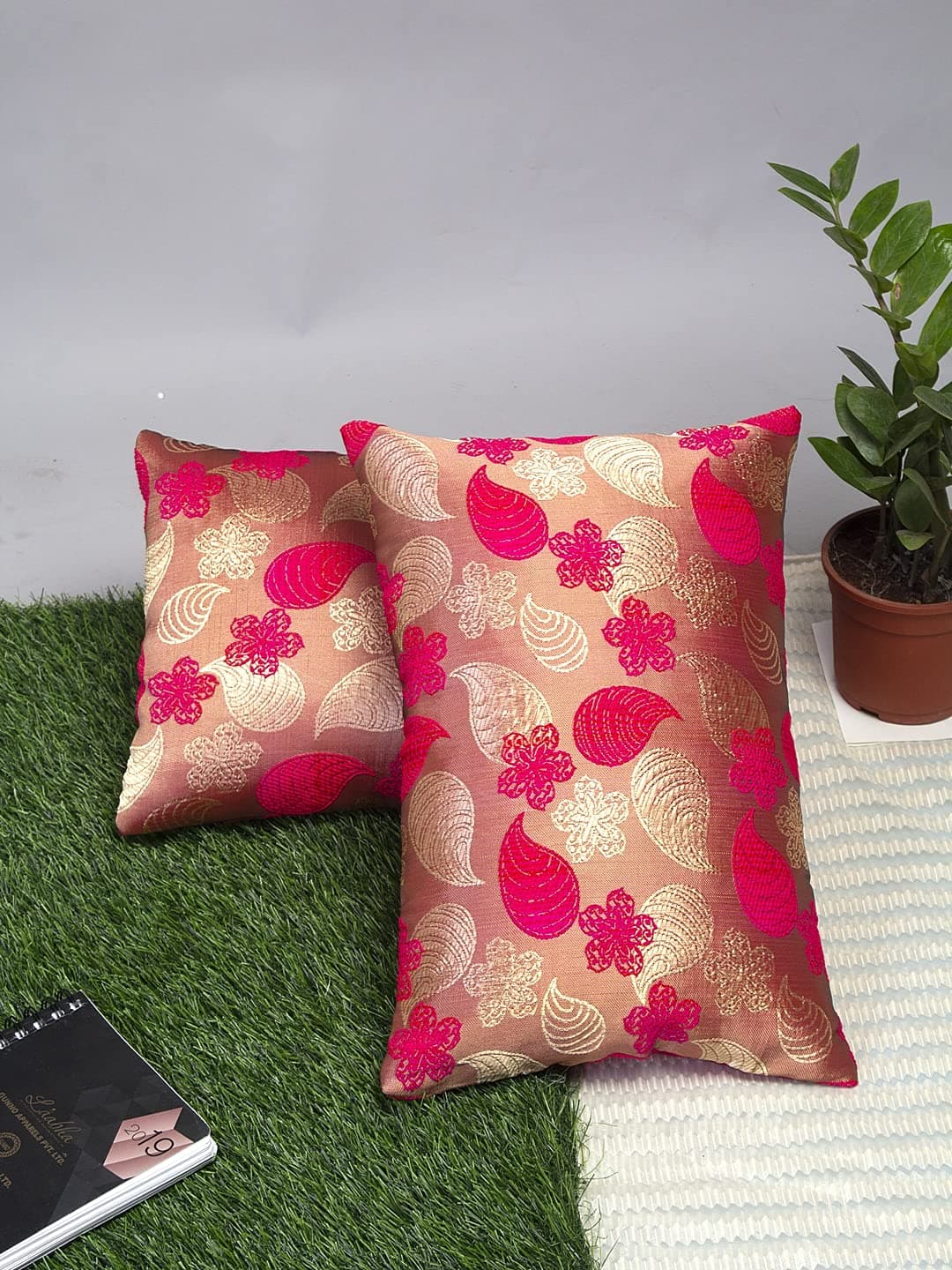 Alina Decor Brocade Embroidery Designer Soft Pillow/Cushion Covers (12 INCH x 18 INCH OR 30cm x 46cm) - Set of 2, Pink Color