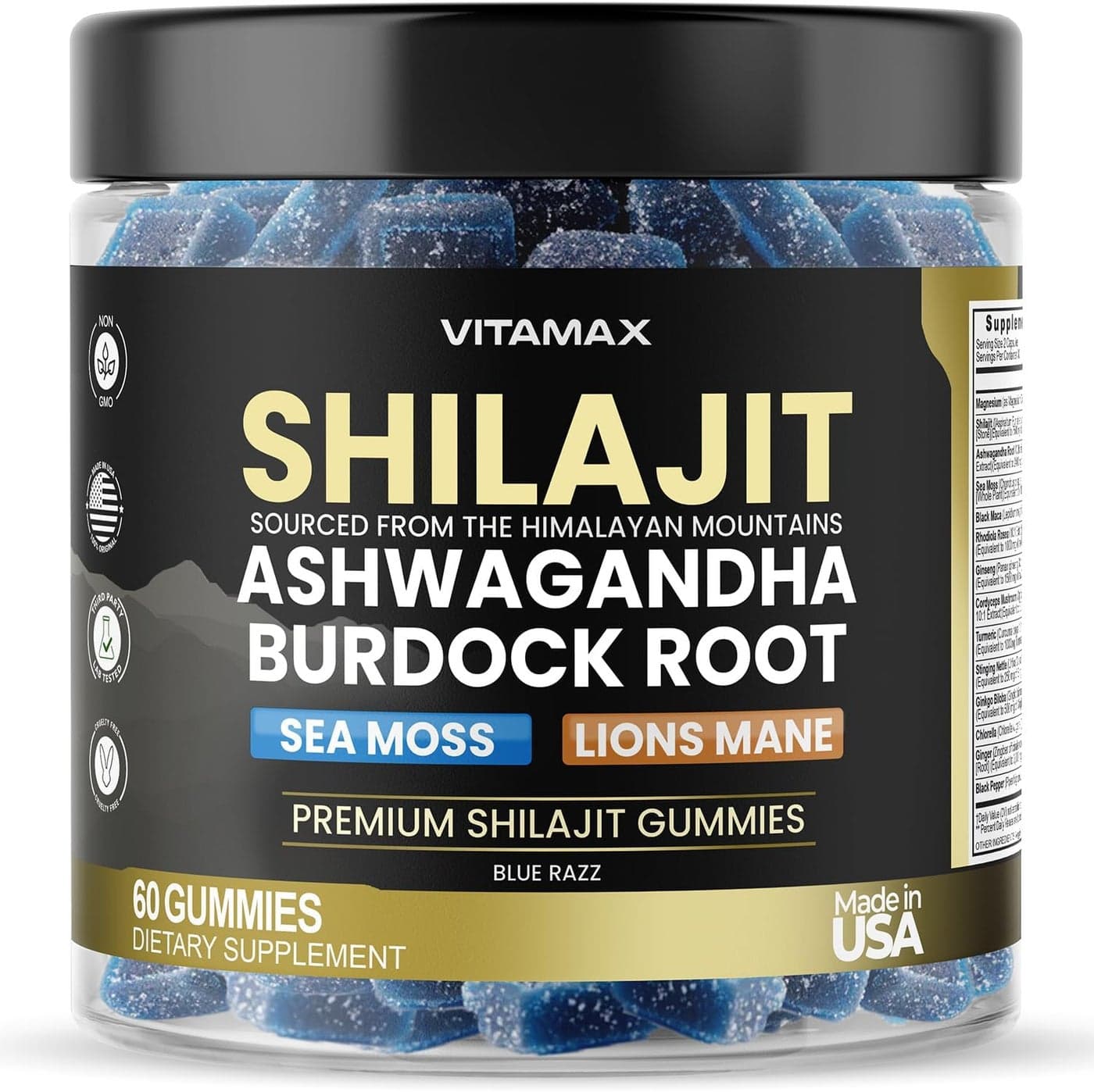 Organic Shilajit Gummies Sea Moss Ashwagandha 105 Trace Minerals Organic Burdock Root Lions Mane Mushroom Blue Razz Vegan NonGMO Made in USA 60ct