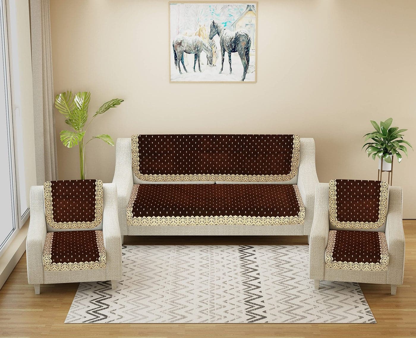 jayvaam Premium 5 Seater Printed Sofa Cover Set for Sofa, Couch 3, 2 Seater 10 Piece Sofa Back Slip Panels, Covers, Protector for Single Seater, 30 x 30 x 5 CM, Coffee, Chenille