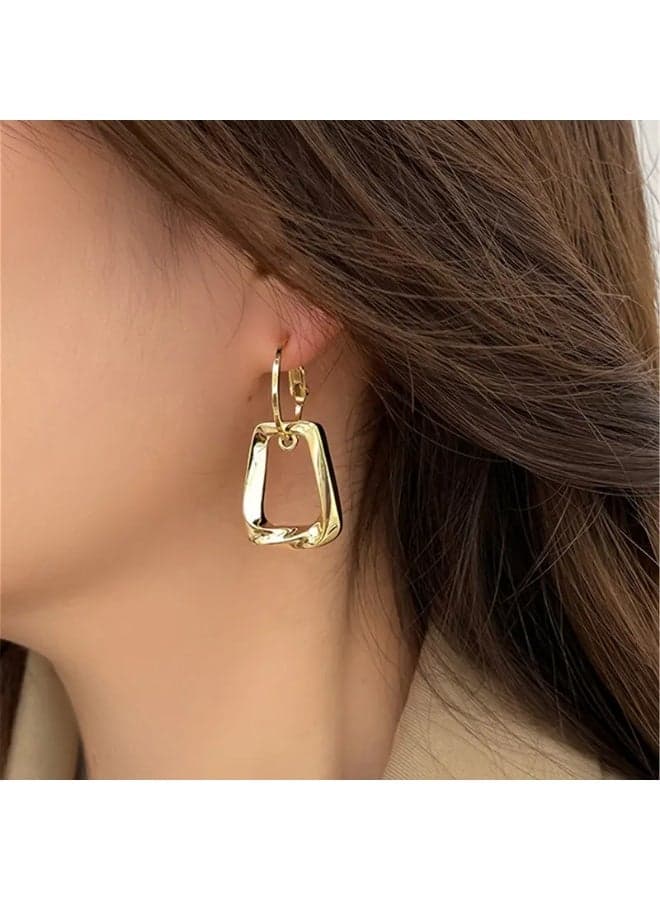 14K Gold Plated Geometric Rectangle Drop Earrings for Women – Korean Style Luxury Dangle Earrings, Elegant Statement Jewelry
