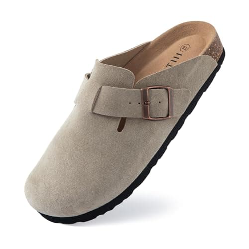 IIITHREE Women's Suede Clogs Cork Footbed Clogs for Women Soft Leather Adjustable Buckle Slip-on Potato Shoes Sandals Taupe