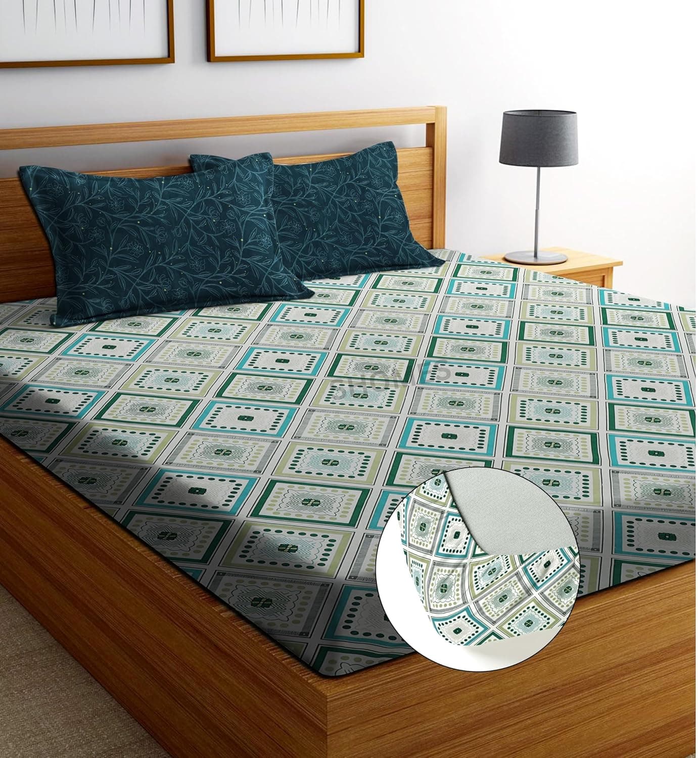 SHOMES Elastic Fitted Bedsheets With 2 King Size Pillow Covers Double Bed With All Around Elastic Size 72 X 78 X 8 Inches Green Square 250 Tc Printed