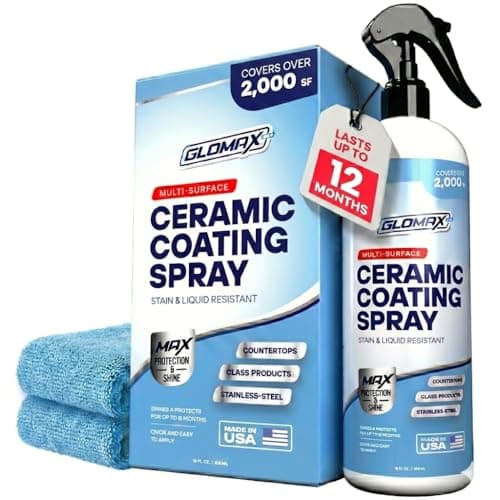 GLOMAX Home Ceramic Coating Spray Kit (16 oz) - Shine, Seal & Protect Stainless Steal, Glass, Kitchen & Bath Surfaces - Extremely Hydrophobic - Repels Stains & Grime - Includes 2 Micro Fiber Towels
