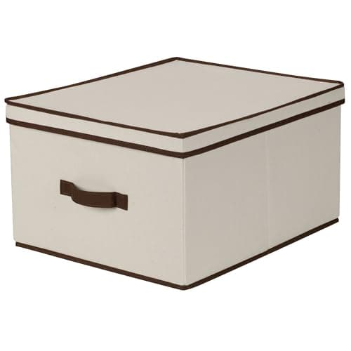 Household Essentials 515 Storage Box with Lid and Handle- Natural Beige Canvas with Brown Trim- Jumbo