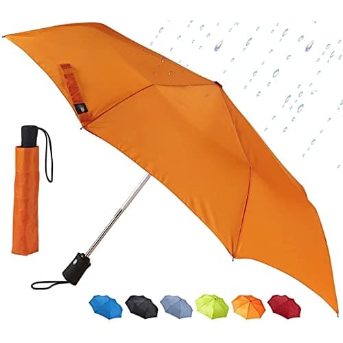 Lewis N Clark Travel Umbrella Windproof Water Repellent Fabric Automatic Open Close 1 Year Warranty Orange