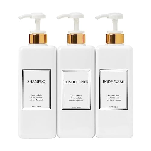 Modern Gold Design Large 27 oz Shampoo and Conditioner Dispensers - Empty Plastic Refillable Pump Bottle Set for Bathroom Shower Soap Dispenser, Gift Box Included, Set of 3 (White)