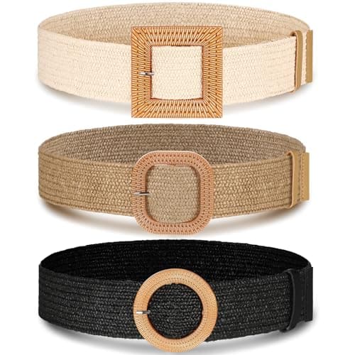 Syhood 3 Pieces Straw Woven Elastic Waist Belt for Women Bohemian Dress Braided Belt (Black, Khaki, Beige, Fit Waist Size Below 31'')